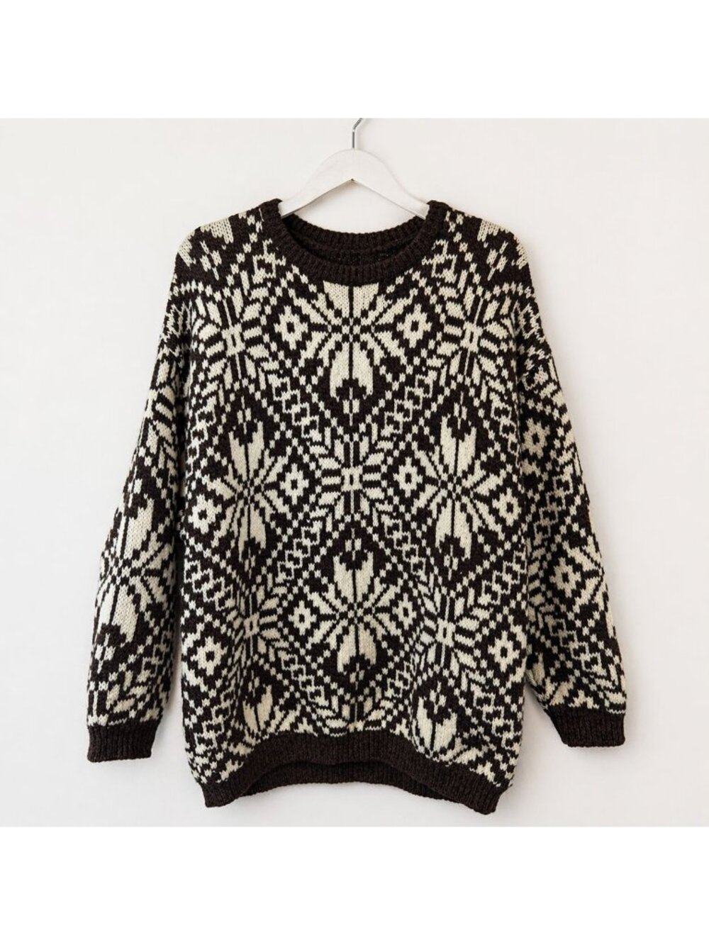 Vintage Benetton Shetland Wool Sweater Brown Large  Nordic Pattern Made in Italy